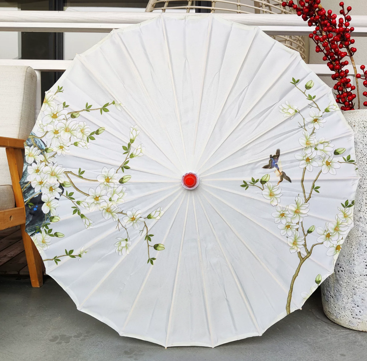 Hand-Painted Oil-Paper Umbrella — magnolia blossom and kingfisher design on white ground